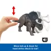 Brinquedo de dinossauro Jurassic World Rebirth Wild Roar Nasutoceratops, mordida de ataque controlada pela cauda e som