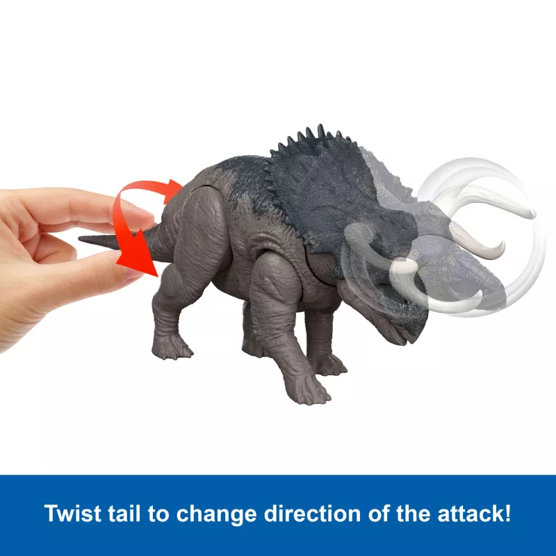 Brinquedo de dinossauro Jurassic World Rebirth Wild Roar Nasutoceratops, mordida de ataque controlada pela cauda e som
