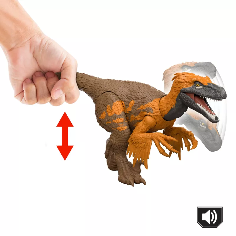 Brinquedo de dinossauro Jurassic World Rebirth Wild Roar Utahraptor, mordida de ataque controlada pela cauda e som