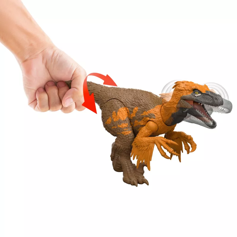 Brinquedo de dinossauro Jurassic World Rebirth Wild Roar Utahraptor, mordida de ataque controlada pela cauda e som