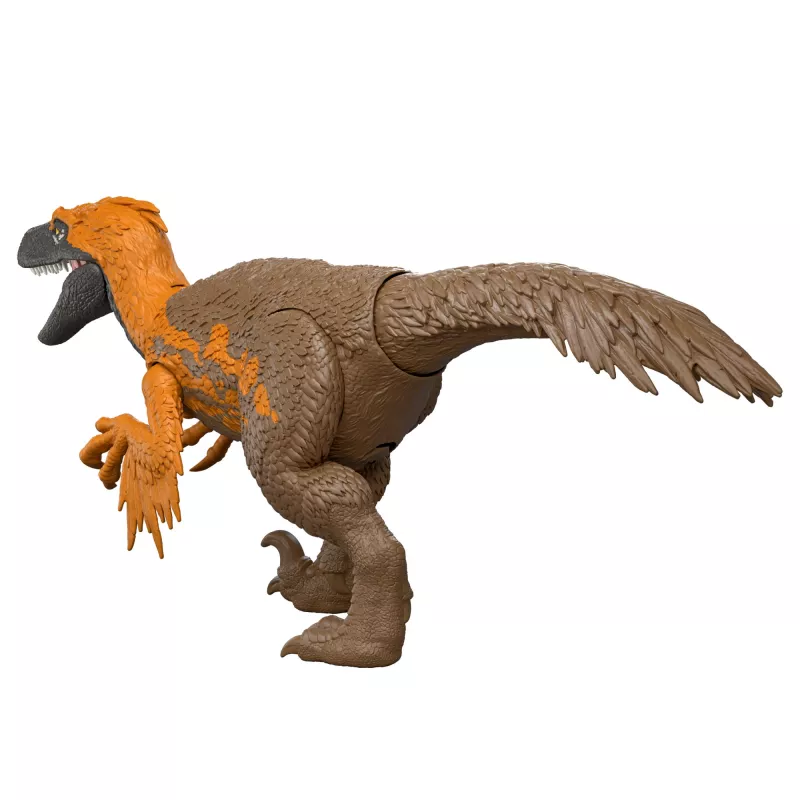 Brinquedo de dinossauro Jurassic World Rebirth Wild Roar Utahraptor, mordida de ataque controlada pela cauda e som