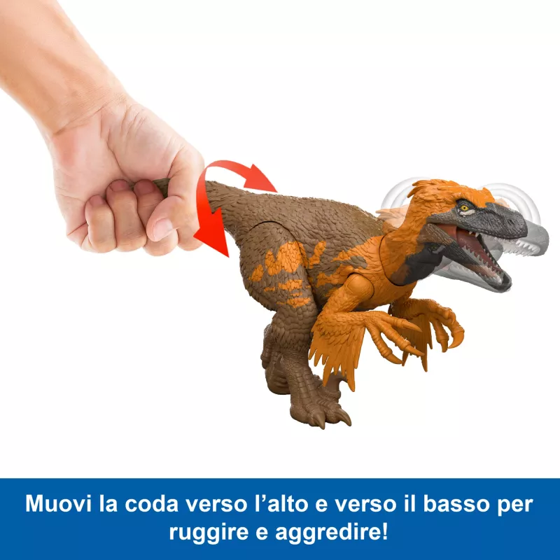 Brinquedo de dinossauro Jurassic World Rebirth Wild Roar Utahraptor, mordida de ataque controlada pela cauda e som