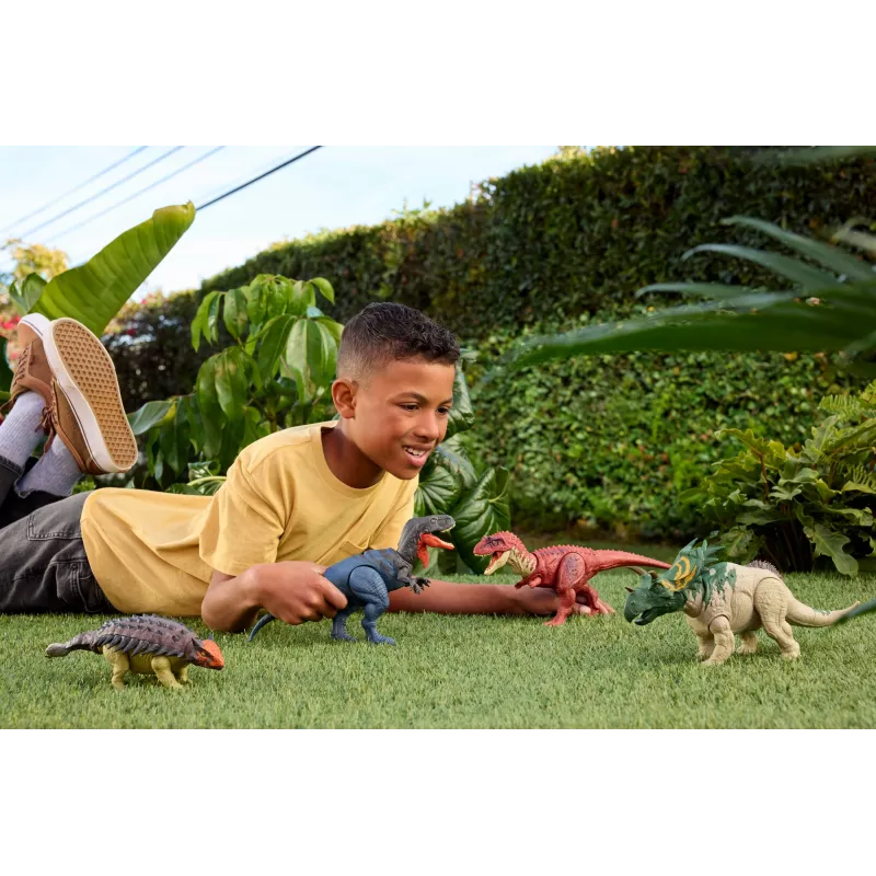 Brinquedo de dinossauro Jurassic World Rebirth Wild Roar Utahraptor, mordida de ataque controlada pela cauda e som