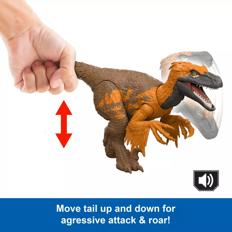 Brinquedo de dinossauro Jurassic World Rebirth Wild Roar Utahraptor, mordida de ataque controlada pela cauda e som