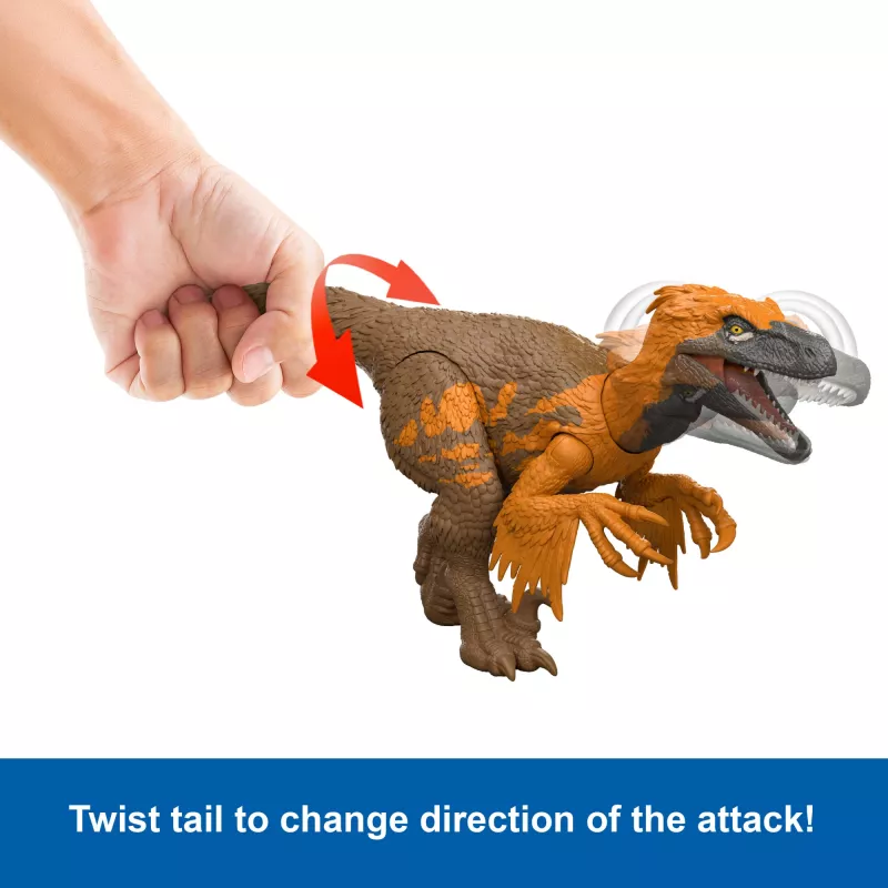 Brinquedo de dinossauro Jurassic World Rebirth Wild Roar Utahraptor, mordida de ataque controlada pela cauda e som