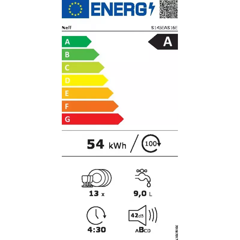 NEFF S145EAS16E, semi-integrada, 13 conjuntos de louça, energia A, 42 dB, Home Connect