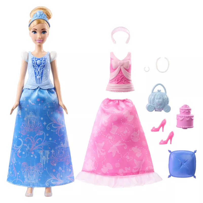 Disney Princess histórias 2 em 1 boneca de moda Cinderella com 2 partes de cima encaixáveis, 2 saias e 9 acessórios