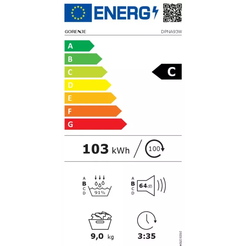 Máquina de secar roupa Gorenje DPNA93W bomba de calor, instalação livre, carregamento frontal, 9 kg, branco, classe energética C