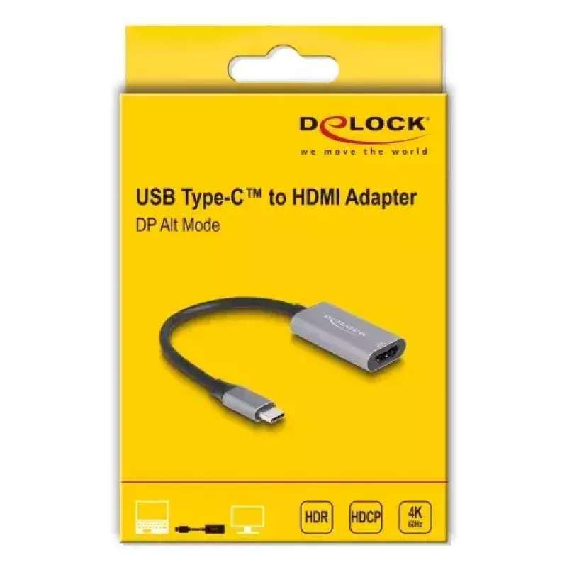 Delock 60020 adaptador de vídeo USB-C macho para HDMI fêmea, 4K 60 Hz, HDR, HDCP, DP Alt Mode, 0,15 m, cinzento/preto