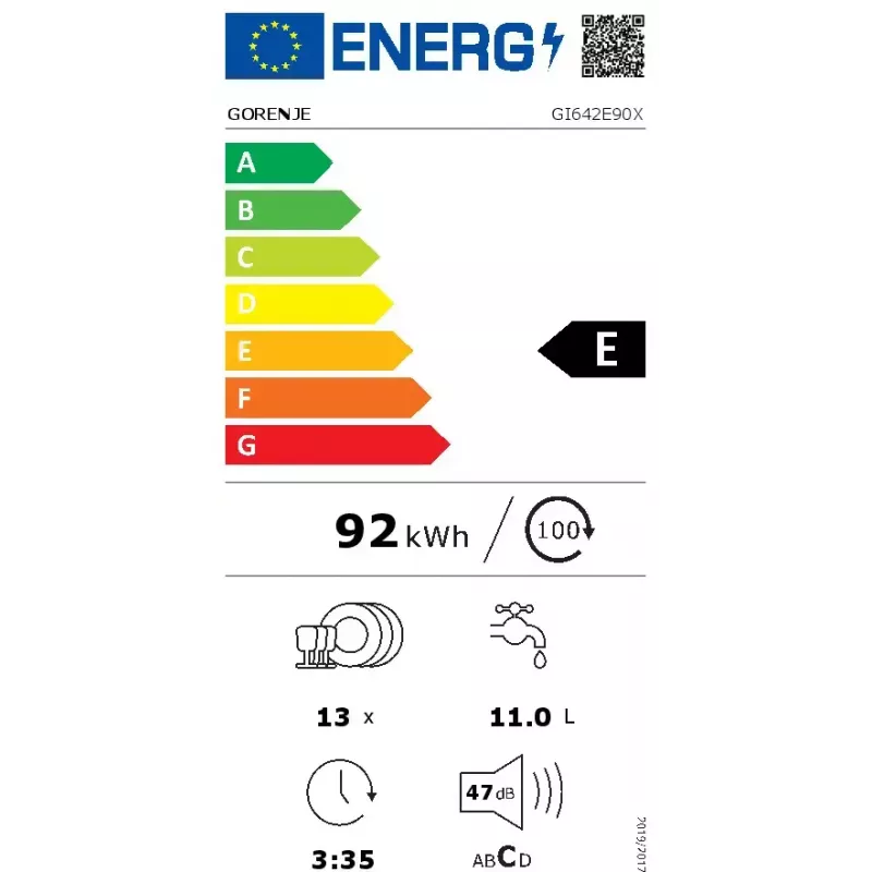 Máquina de lavar louça Gorenje GI642E90X semi-integrada, 13 conjuntos de louça, 60 cm, 47 dB, 11 l/ciclo, classe energética E