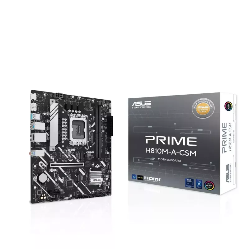 Motherboard ASUS PRIME H810M-A-CSM — Intel H810, LGA 1851, microATX, 2× DDR5 DIMM (até 128 GB), 2× M.2, 4× SATA III, PCIe 4.0