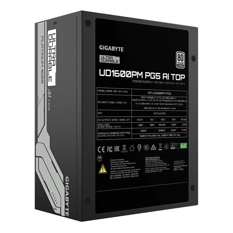 Fonte de alimentação GIGABYTE UD1600PM PG5 1600W, 80 PLUS Platinum, 92% de eficiência, 20+4-Pin-ATX, ventoinha de 120 mm, preta