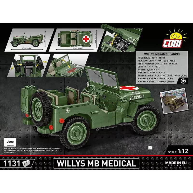 Cobi COBI-2806 Willys MB Medical conjunto de construção, 1131 peças, série Historical Collection, plástico, 10+