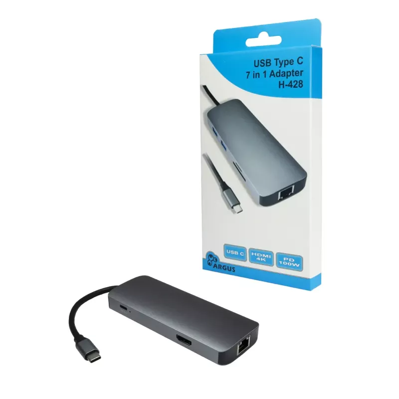 Hub multiportas USB-C INTER-TECH H-428 — USB 3.2 Gen 1 Type-C Host, HDMI, USB-A, SD/MicroSD, Gigabit Ethernet, 5000 Mbit/s