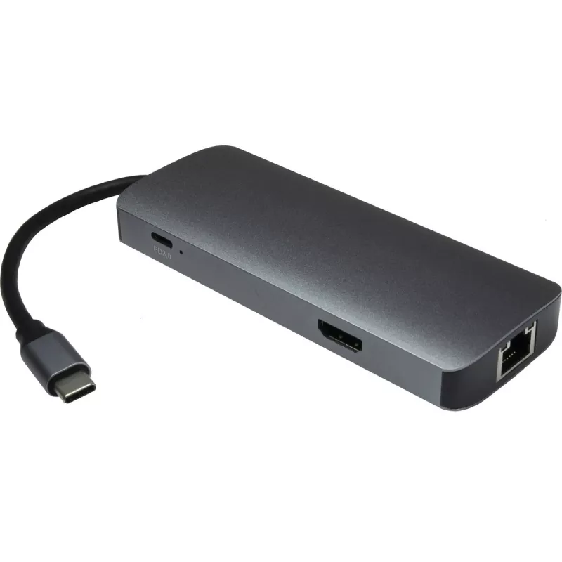 Hub multiportas USB-C INTER-TECH H-428 — USB 3.2 Gen 1 Type-C Host, HDMI, USB-A, SD/MicroSD, Gigabit Ethernet, 5000 Mbit/s