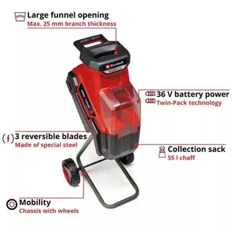 Einhell REDAXXO 36/25 triturador de jardim de facas a bateria, 36 V (2x18 V), ramo máx. 25 mm, solo sem bateria e carregador, vermelho/preto