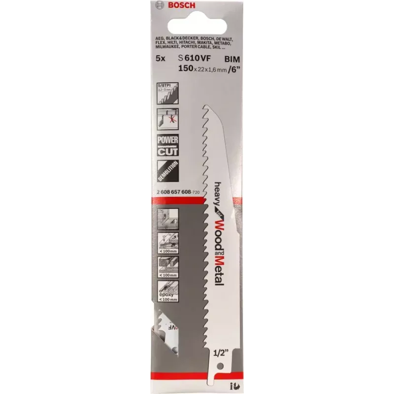 Lâmina de serra sabre Bosch S 610 VF Heavy para madeira e metal 15 cm 5 TPI