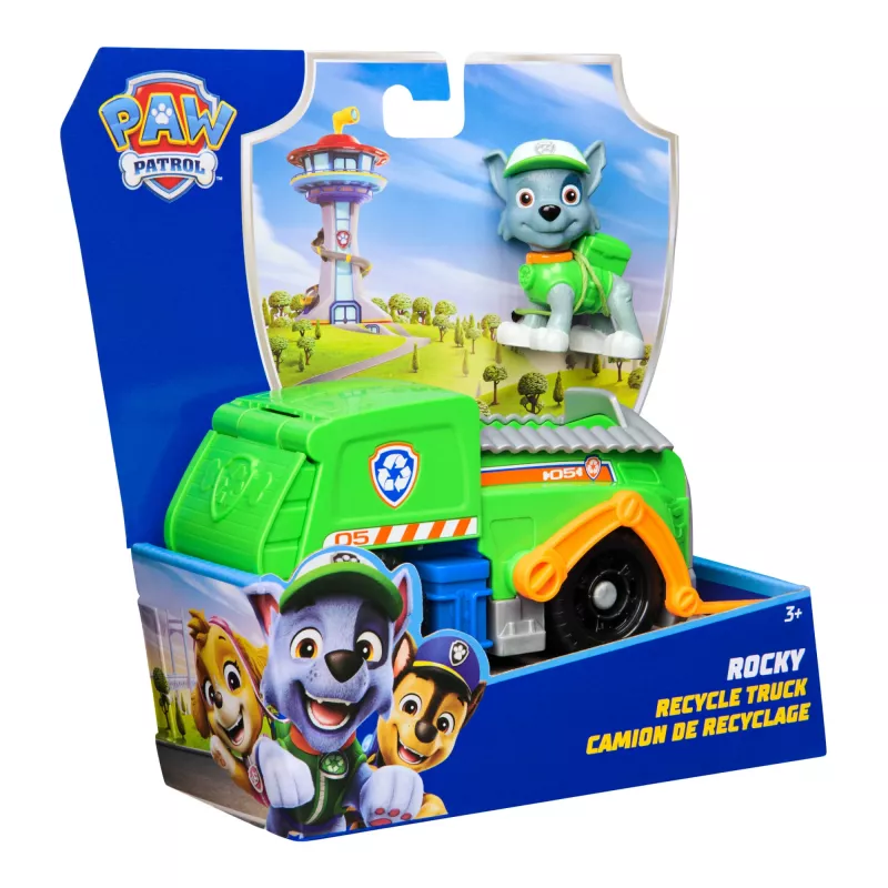 PAW Patrol, camião de reciclagem do Rocky, carro de brincar com figura de ação colecionável, brinquedo sustentável para rapazes e raparigas a partir dos 3 anos