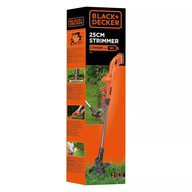 Black & Decker ST182320-QW aparador de relva a bateria, 18 V, 2,0 Ah Li-Ion, largura de corte de 25 cm, com bateria e carregador, laranja/preto