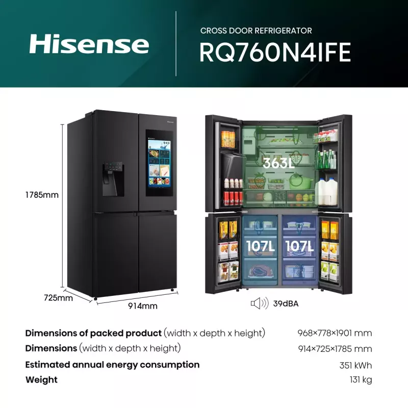 Hisense RQ760N4IFE combinado multiportas, de instalação livre, frigorífico 345 l, congelador 232 l, dispensador de água/gelo, 178,5 cm, classe energética E, preto