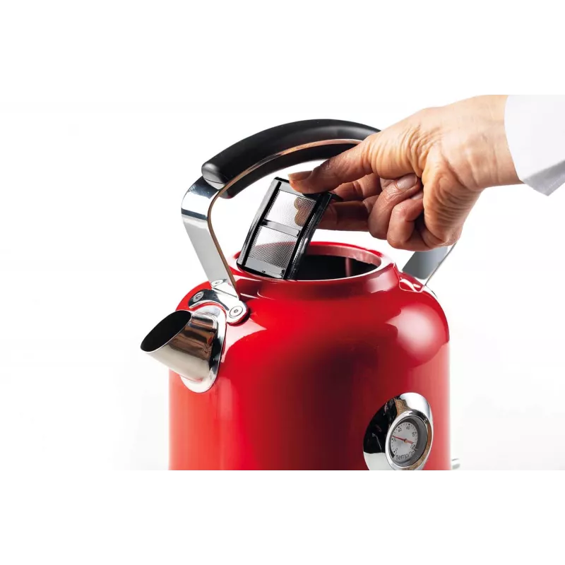 Chaleira Ariete 2854 Moderna, 2000 W, capacidade 1,7 l, sem fios 360°, sistema de desligamento automático, filtro removível, nível de água visível, termómetro, vermelho