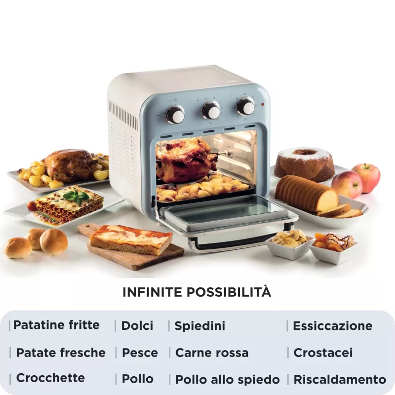 Fritadeira de ar quente e forno Ariete 4632 Vintage, 1400W, 2em1, capacidade 16L, acessórios incluídos, temporizador 60 minutos, vidro duplo, azul