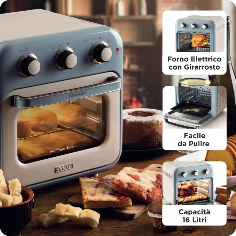 Fritadeira de ar quente e forno Ariete 4632 Vintage, 1400W, 2em1, capacidade 16L, acessórios incluídos, temporizador 60 minutos, vidro duplo, azul