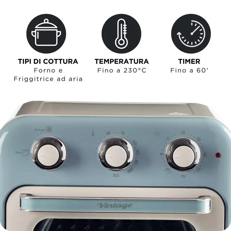 Fritadeira de ar quente e forno Ariete 4632 Vintage, 1400W, 2em1, capacidade 16L, acessórios incluídos, temporizador 60 minutos, vidro duplo, azul