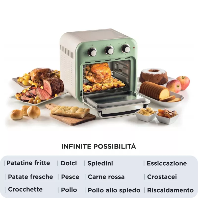 Fritadeira de ar quente e forno Ariete 4632 Vintage, 1400W, 2em1, capacidade 16L, acessórios incluídos, temporizador 60 minutos, vidro duplo, verde
