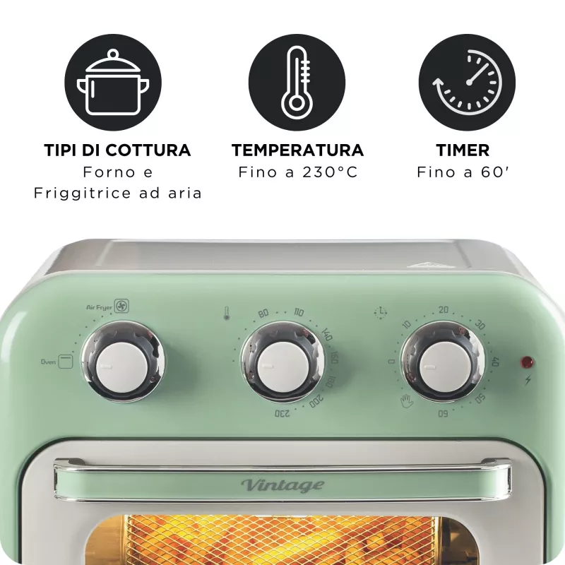 Fritadeira de ar quente e forno Ariete 4632 Vintage, 1400W, 2em1, capacidade 16L, acessórios incluídos, temporizador 60 minutos, vidro duplo, verde