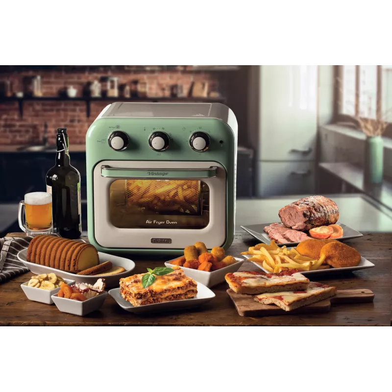 Fritadeira de ar quente e forno Ariete 4632 Vintage, 1400W, 2em1, capacidade 16L, acessórios incluídos, temporizador 60 minutos, vidro duplo, verde