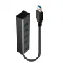 Lindy 43324 hub USB 3.0 de 4 portas, USB 3.2 Gen 1 Type-A, 5 Gbit/s, cabo integrado, alumínio/plástico, preto