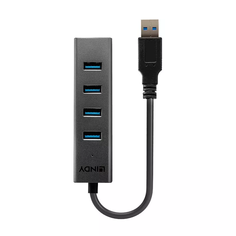 Lindy 43324 hub USB 3.0 de 4 portas, USB 3.2 Gen 1 Type-A, 5 Gbit/s, cabo integrado, alumínio/plástico, preto