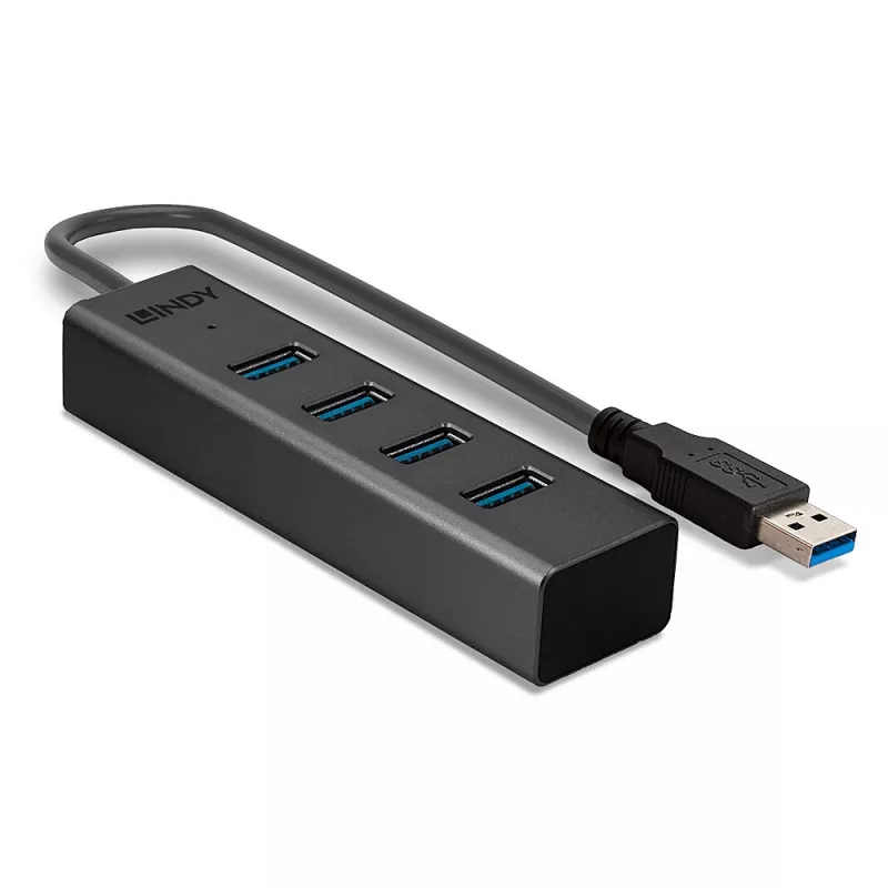 Lindy 43324 hub USB 3.0 de 4 portas, USB 3.2 Gen 1 Type-A, 5 Gbit/s, cabo integrado, alumínio/plástico, preto