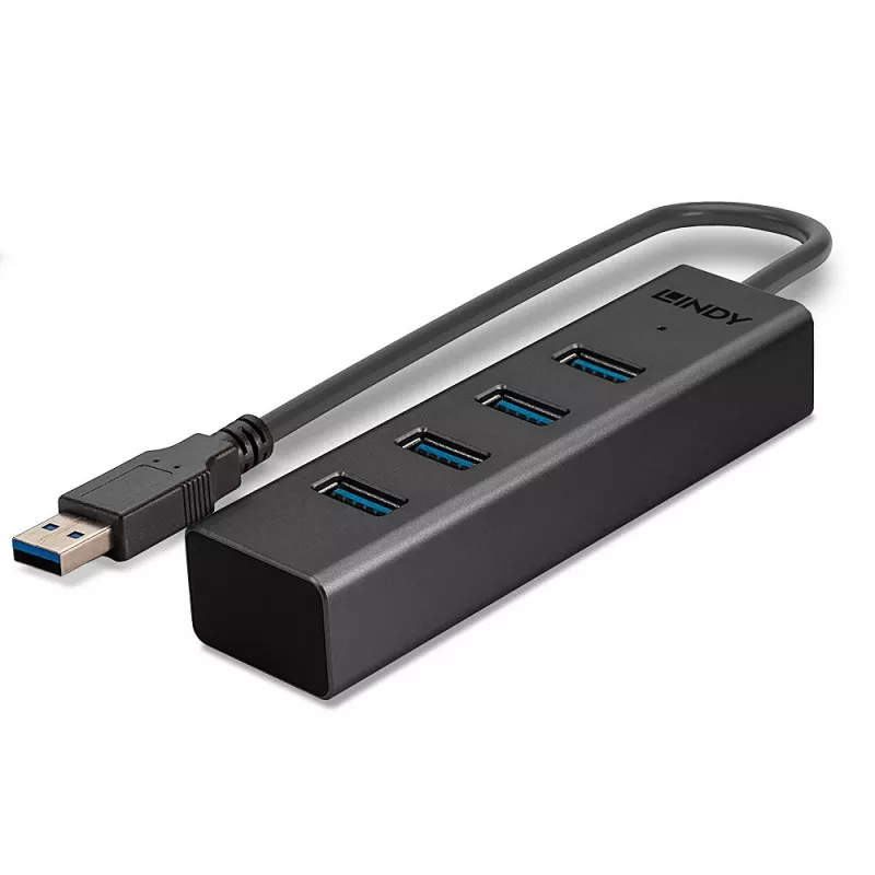 Lindy 43324 hub USB 3.0 de 4 portas, USB 3.2 Gen 1 Type-A, 5 Gbit/s, cabo integrado, alumínio/plástico, preto