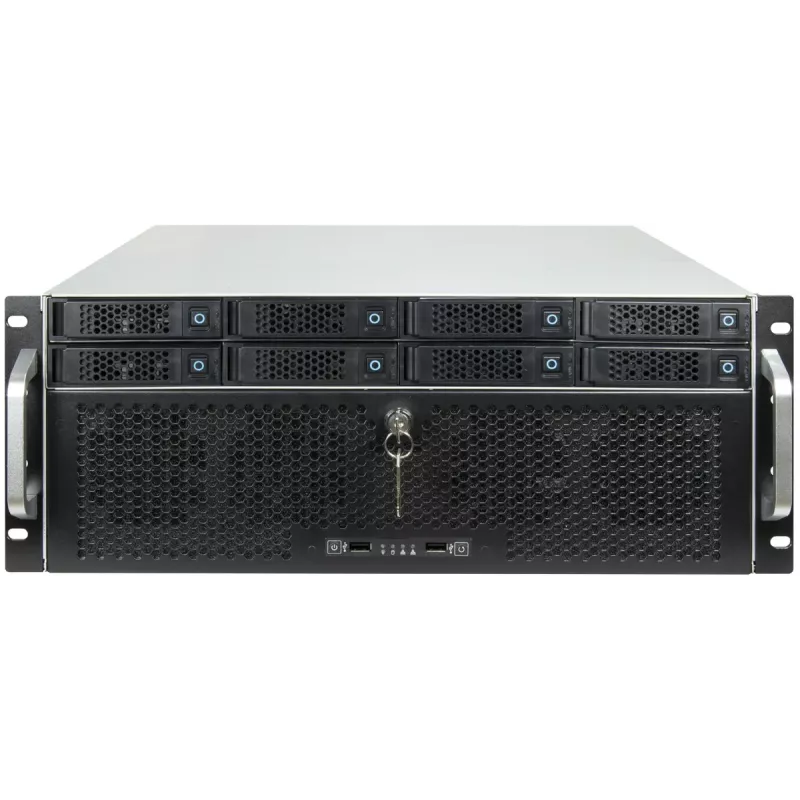 Inter-Tech IPC Storage 4U-4708 caixa de servidor rack 19", 4U, 8 baías Hot-Swap HDD de 2,5/3,5", backplane SAS 12G, E-ATX, 4 ventoinhas frontais + 2 traseiras de 80 mm, preta