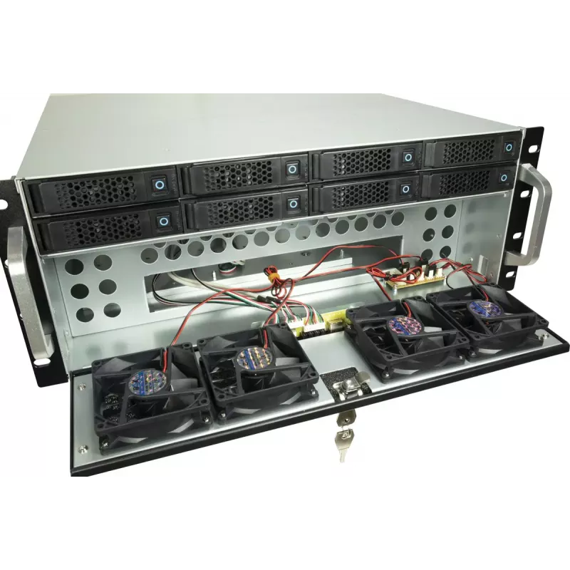 Inter-Tech IPC Storage 4U-4708 caixa de servidor rack 19", 4U, 8 baías Hot-Swap HDD de 2,5/3,5", backplane SAS 12G, E-ATX, 4 ventoinhas frontais + 2 traseiras de 80 mm, preta