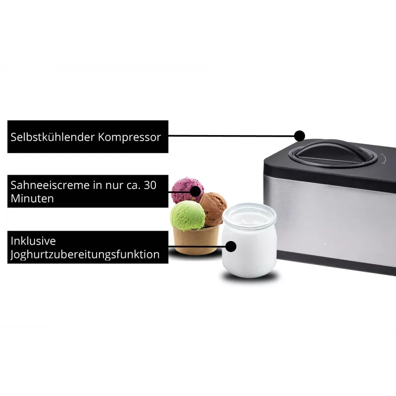 Unold 48826 Máquina de gelados e iogurteira EVA Máquina de gelados com compressor 1,5 L 120 W preto, aço inoxidável