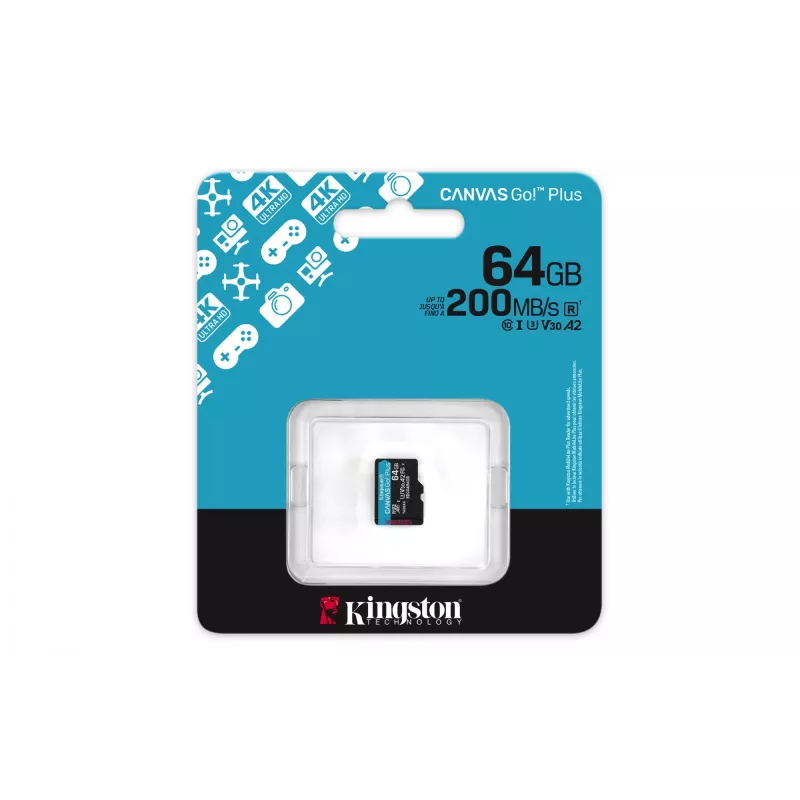 Kingston Technology 64GB microSDXC Canvas Go Plus Gen4 200R A2 U3 embalagem individual sem ADP