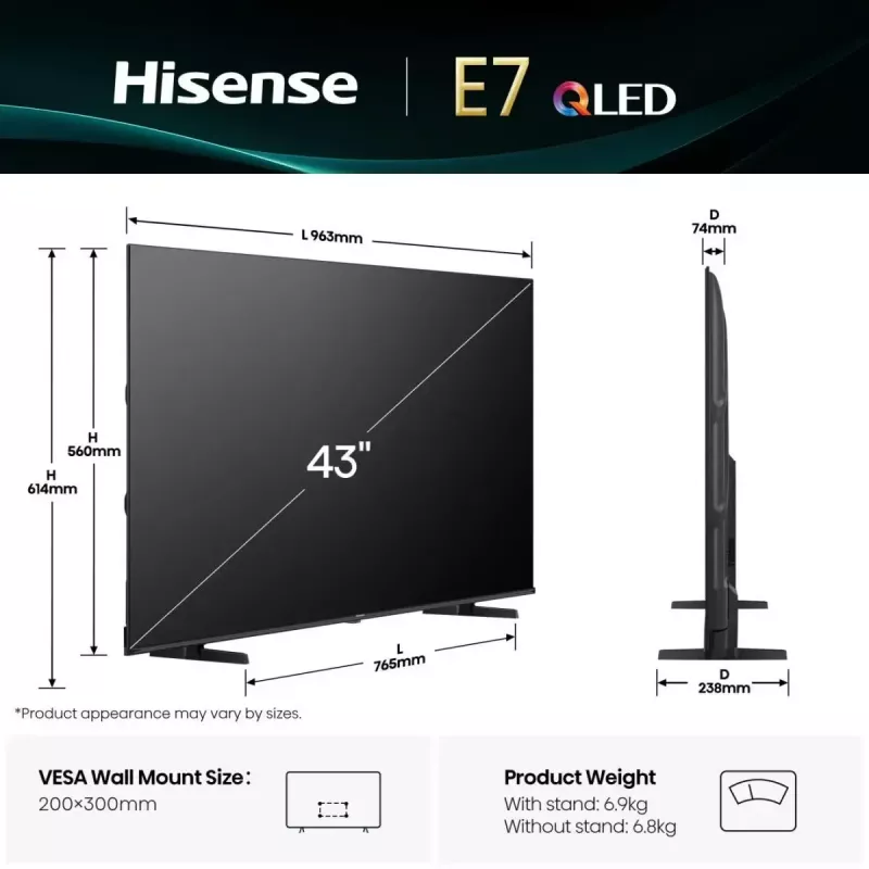 Hisense 43E77Q 109,2 cm (43") QLED 4K Ultra HD Smart TV, VIDAA, Dolby Vision, Wi-Fi, triplo sintonizador, preto