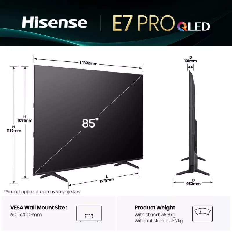 Hisense 85E77Q PRO 2,16 m (85") QLED 4K Ultra HD Smart TV, 144 Hz, Wi-Fi, triplo sintonizador, gravação por USB, preto