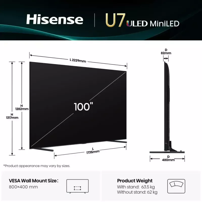 Hisense 100U7Q 2,54 m (100 polegadas) Smart TV 4K Ultra HD Wi-Fi preto