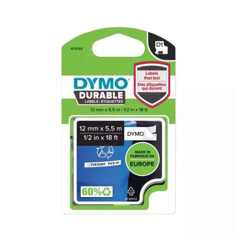 Etiquetas DYMO Authentic D1 Durable | Impressão preta em fita branca | 12 mm x 5,5 m | Fita de etiquetas de alto desempenho para impressoras de etiquetas LabelManager