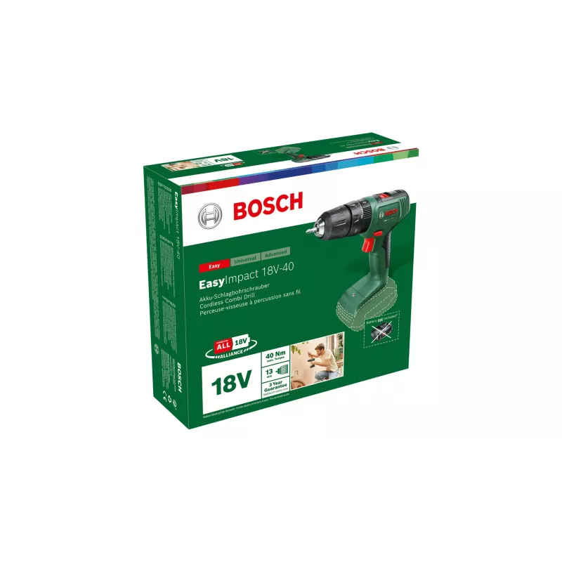Bosch EasyImpact 18V-40 06039D8100 berbequim-aparafusadora de percussão a bateria, 1630 rpm, 24450 impactos/min, mandril de aperto rápido, sem bateria e carregador, verde/preto