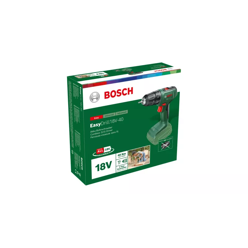 Bosch EasyDrill 18V-40 06039D8000 berbequim-aparafusadora a bateria, 40 Nm, 1630 rpm, 2 velocidades, sem bateria e carregador, verde/preto