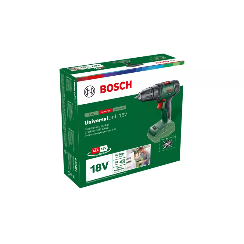 Bosch UniversalDrill 18V 06039D4000 berbequim-aparafusadora a bateria, 40 Nm, 1450 rpm, 2 velocidades, mandril de aperto rápido, sem bateria e carregador, verde/preto