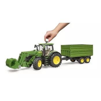 Trator BRUDER John Deere 7R 350 com carregador frontal e atrelado tandem, plástico, a partir dos 3 anos