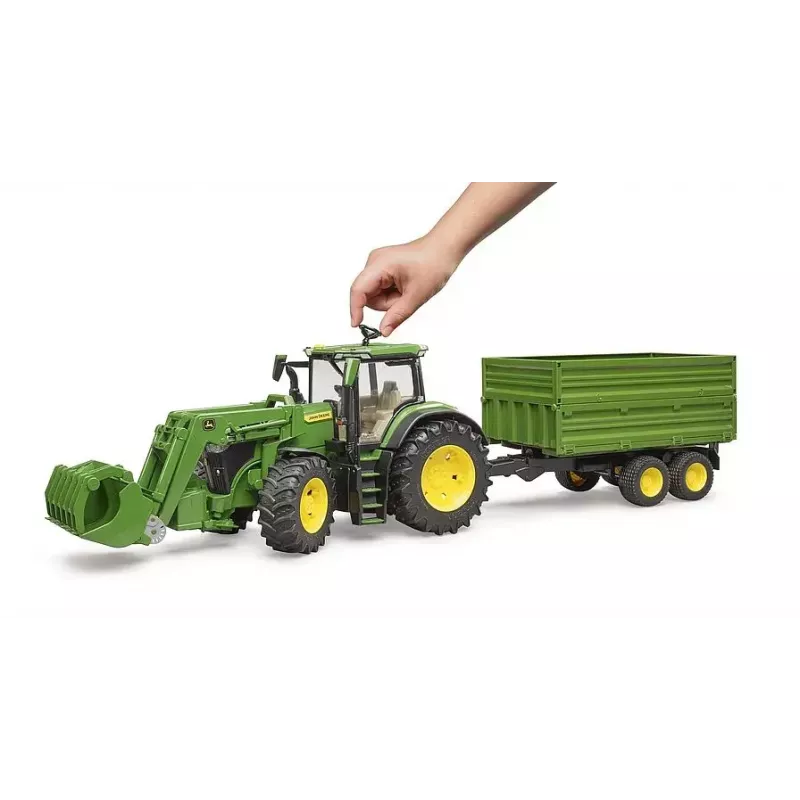Trator BRUDER John Deere 7R 350 com carregador frontal e atrelado tandem, plástico, a partir dos 3 anos