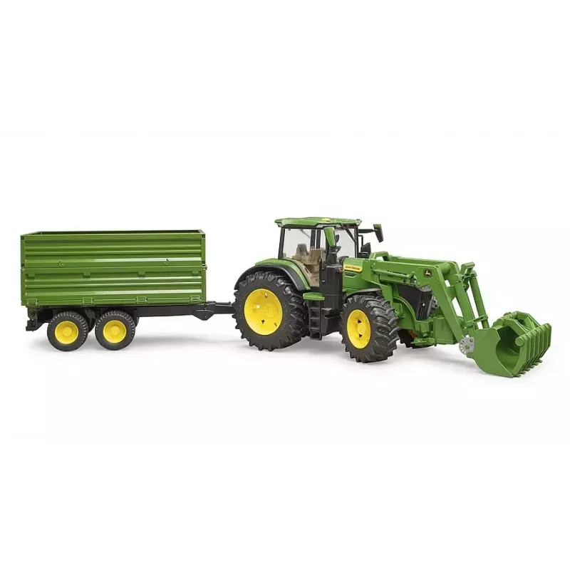 Trator BRUDER John Deere 7R 350 com carregador frontal e atrelado tandem, plástico, a partir dos 3 anos