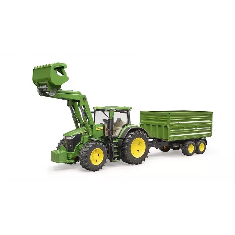 Trator BRUDER John Deere 7R 350 com carregador frontal e atrelado tandem, plástico, a partir dos 3 anos
